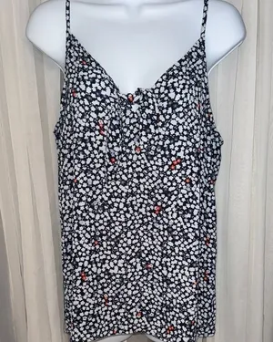LOFT White and Blue Camisole Top with V-Neckline thumbnail 1