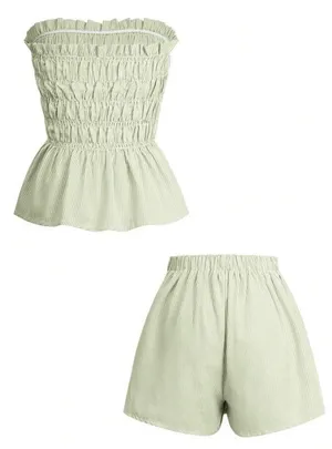 SheIn Women's Summer Beach Vacation 2 Piece Set - Striped Ruffled Bandeau Top And Shorts thumbnail 3
