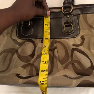 2000s Y2K Tan khaki brown beige shoulder hand school book laptop bag purse hobo tote monogram canvas faux leather. Great condition. Measurements in pics #boho #western #whimsygoth #grunge thumbnail 6
