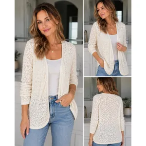 Ann Taylor Cardigan Women XL Cream Open Front Crochet Knit Pointelle thumbnail 2
