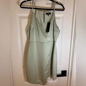 NWT Lulus What a Stunner Sage‎ Green Satin Asymmetrical Mini Dress, Medium thumbnail 6