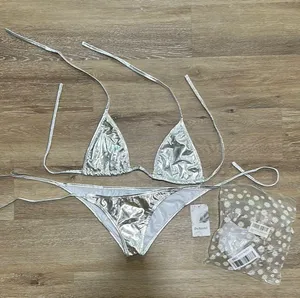 Silver Bikini Set - sexy Brazilian medium shiny bikini triangle thumbnail 1