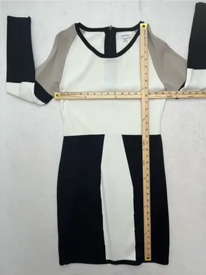 Calvin Klein Black White Taupe Long Sleeve Colorblock Knit Midi Dress Medium thumbnail 9
