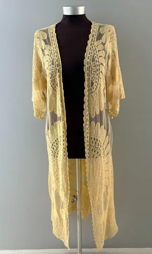Rebellion Again Lace Duster Small Creamy Yellow Sheer Kimono Romantic Coquette * thumbnail 1