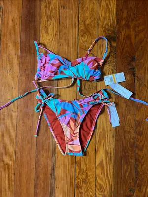 Salt + Cove Multicolor Tropical Leaf Bikini in Pink, Teal & Orange thumbnail 2