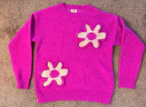 BiBi Vibrant Pink Knit Sweater With Flowers M thumbnail 1