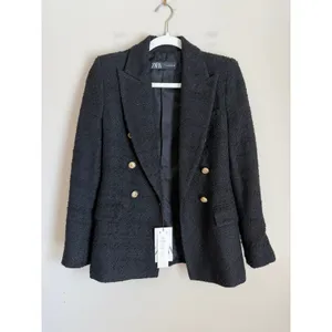 Zara Tweed Tailored Blazer Women Size S Black Double Breasted Gold Button NWT thumbnail 2