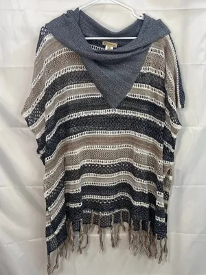 Democracy women's tan gray knit cowl neck tassel crocheted‎ sweater poncho large thumbnail 1