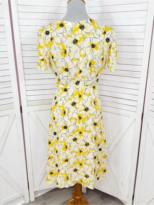 Hugo Buscati Floral Silk‎ Dress Yellow Size 6 Fit Flare Retro Twee Summer thumbnail 4