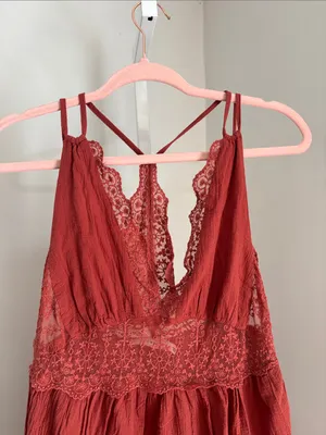 Lush Rust Red Lace-Trim Sleeveless Midi Boho Sun Dress Western Cottage Size S thumbnail 5