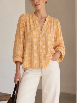 Pilcro by Anthropologie Embroidered Floral Top Buttondown Yellow Small thumbnail 1