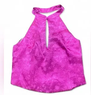 ZARA Jacquard Halter Corset Cropped Keyhole Top Button Side Zip Hot Pink Size M thumbnail 1