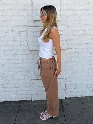 Vtg Tan wide leg capri cargo pant drawstring waist sz XL #y2k #outdoors #retro #utility thumbnail 3