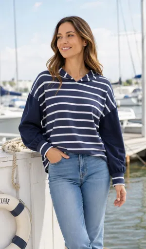 NWT Chaser Navy‎ Stripe Mixed Media Hooded Sweatshirt Small thumbnail 1