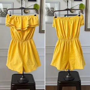 Vintage 80s Maurice Michaels Yellow Romper Ruffle M L thumbnail 2