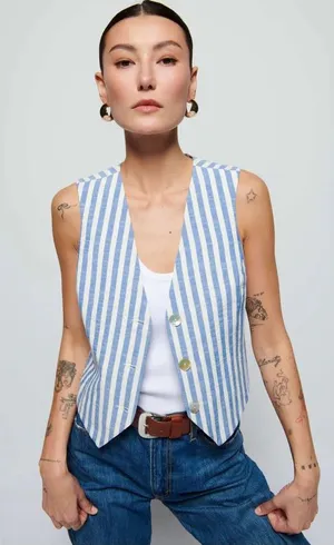 Nation Anthropologie, Los Angeles Blue and White Striped Button Vest, Size XS thumbnail 1