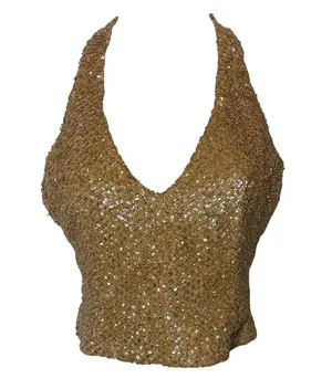 Vintage Y2K Handmade Luxury Gold Sequin Halter neck crop top sz XS thumbnail 1