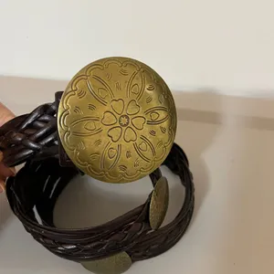 Braided Brass Medallion Belt XL Brown Boho Western Festival Faux Leather VTG thumbnail 3