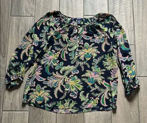 Chaps Blue and Green Relaxed Ruffled Blouse thumbnail 1