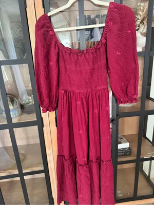 Amazon Dahlia maroon Smocked midi dress maxi square neck tiered daisy embroidered wine thumbnail 5