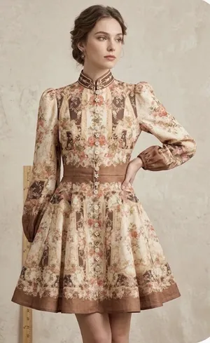 Miss Rosier the Fabienne Neutral Floral Print Mini Dress Size Medium Buttons thumbnail 1