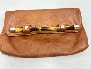 Elaine Turner Tan Brown Leather Clutch with Bamboo Accent thumbnail 1