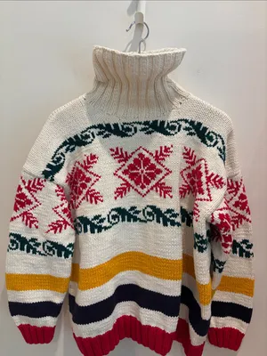 GAP Vintage 80s Sweater Fair Isle Turtleneck Chunky 100% Cotton Medium thumbnail 2