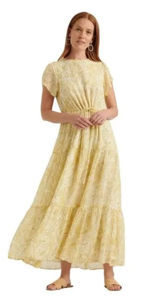 Lucky Brand Ariel Tiered Paisley Maxi Dress Yellow Boho Flutter Sleeve Size S thumbnail 1