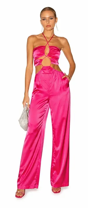 Peppermayo Causing Commotion Jumpsuit Pink Satin Cutout XS/2 thumbnail 1