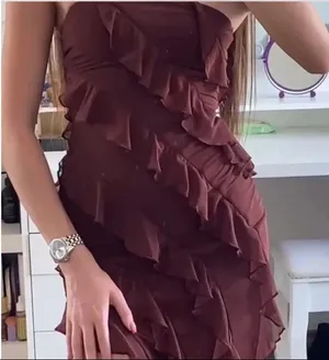 Oh Polly Viral Nevali Ruffle Maxi bodycon Dress in Brown thumbnail 2
