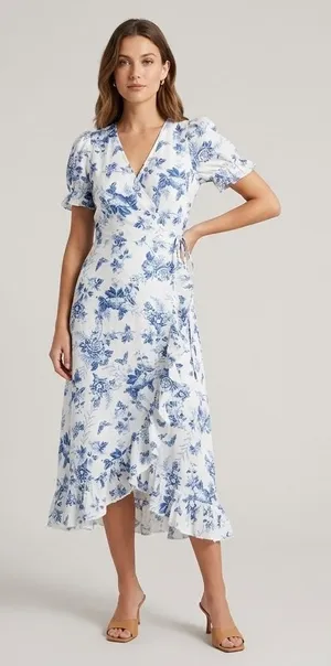 & Other Stories Midi Wrap Dress 100% Linen Blue White Floral Ruffle Puff Size 6 thumbnail 1