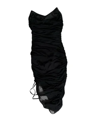 MABLE Simone Black Ruched Mesh Asymmetrical Drawstring Midi Dress Bodycon M thumbnail 3