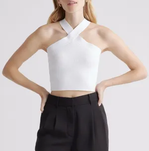 Quince White Cropped Halter Ribbed Knit Sleeveless Tank Top Women’s Size Large thumbnail 1