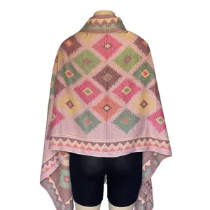 Mexican Artisan Reversible Woven Poncho Multicolor Geometric Boho Shawl Wrap thumbnail 3