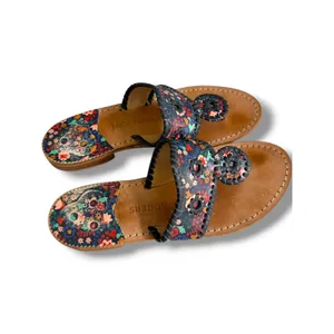 Jack Rogers Jacks Flat Sandals Navy Floral Leather Whipstitch Thong‎ Slide 9M thumbnail 3