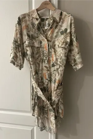Olivaceous Cream Tropical Print Shirt Dress with Green and Tan Leaves thumbnail 1