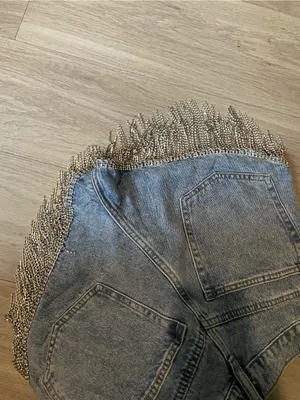 Twelve by Twelve Light Blue Denim Shorts with Silver Beaded Fringe thumbnail 4