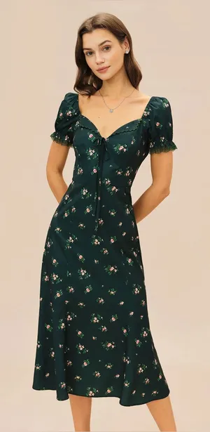 Rihoas Green Puffed Sleeve Floral Midi Dress thumbnail 1