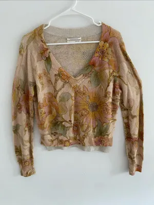 Anthropologie The Dreamer Floral Print Linen-Blend V-Neck Sweater Lightweight S thumbnail 2