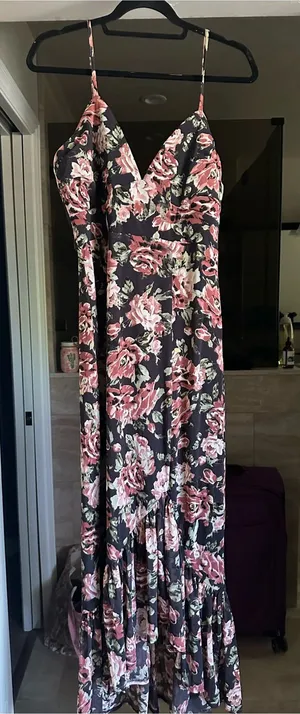 Dress Forum Black Maxi Slip Dress with Pink Rose Print thumbnail 1