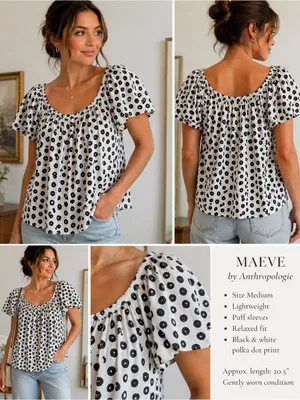 Maeve Anthropologie Polka Dot Peasant Blouse Medium Black White Puff Sleeve Top thumbnail 2
