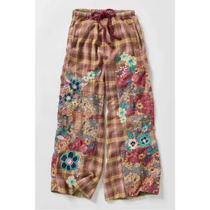 Free People Bohemian Brooks Embroidered Plaid Wide Leg Patchwork Pants Size XL thumbnail 8