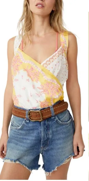 Free People Sweet Thing Bodysuit Pink and Yellow Floral Sleeveless Size L thumbnail 1