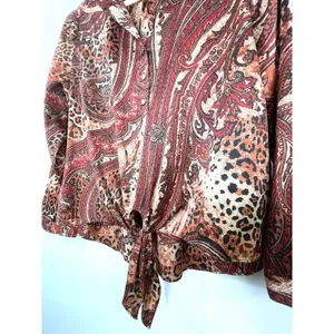 CHICOS Paisley Satin Sequin Neck Blouse Size 2 US 12 Tie Hem Blouse Top Dressy thumbnail 6