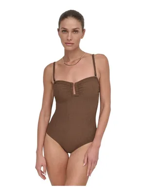 NEW DKNY Womens Textured Shirred One-Piece Swimsuit DIMMS605 Mocha Brown 2XL thumbnail 10
