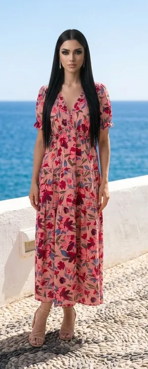 Camisa Floral Pink V-Neck Tiered Maxi Dress thumbnail 1