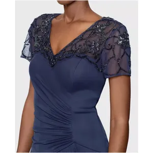 Xscape Carmen 5497X Gown Size 10 Charcoal Blue Beaded Mesh Ruched Formal NWT thumbnail 3