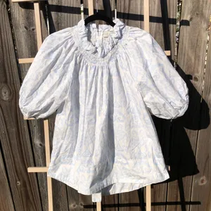 Toss Designs Cotton Puff Sleeve White/Blue Print Blouse Top One Size thumbnail 3