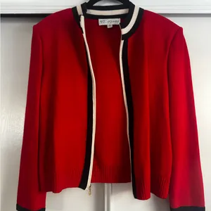 St. John Collection Red Knit Open-Front Jacket with Black and Cream Trim thumbnail 4