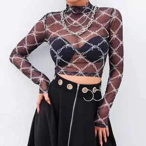 Women Mesh Tee Shirt Femme Long Sleeve Top thumbnail 4